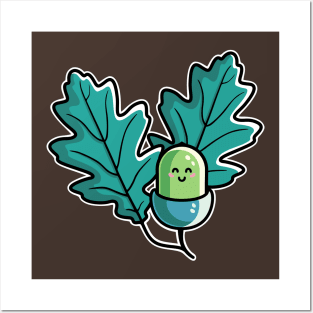 Kawaii Cute Acorn with Oak Leaves Posters and Art